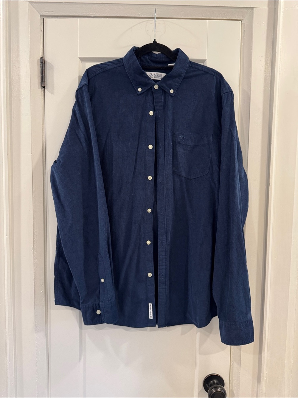 Casual Navy Button-Down Shirt - Long Sleeve Cotton Blend